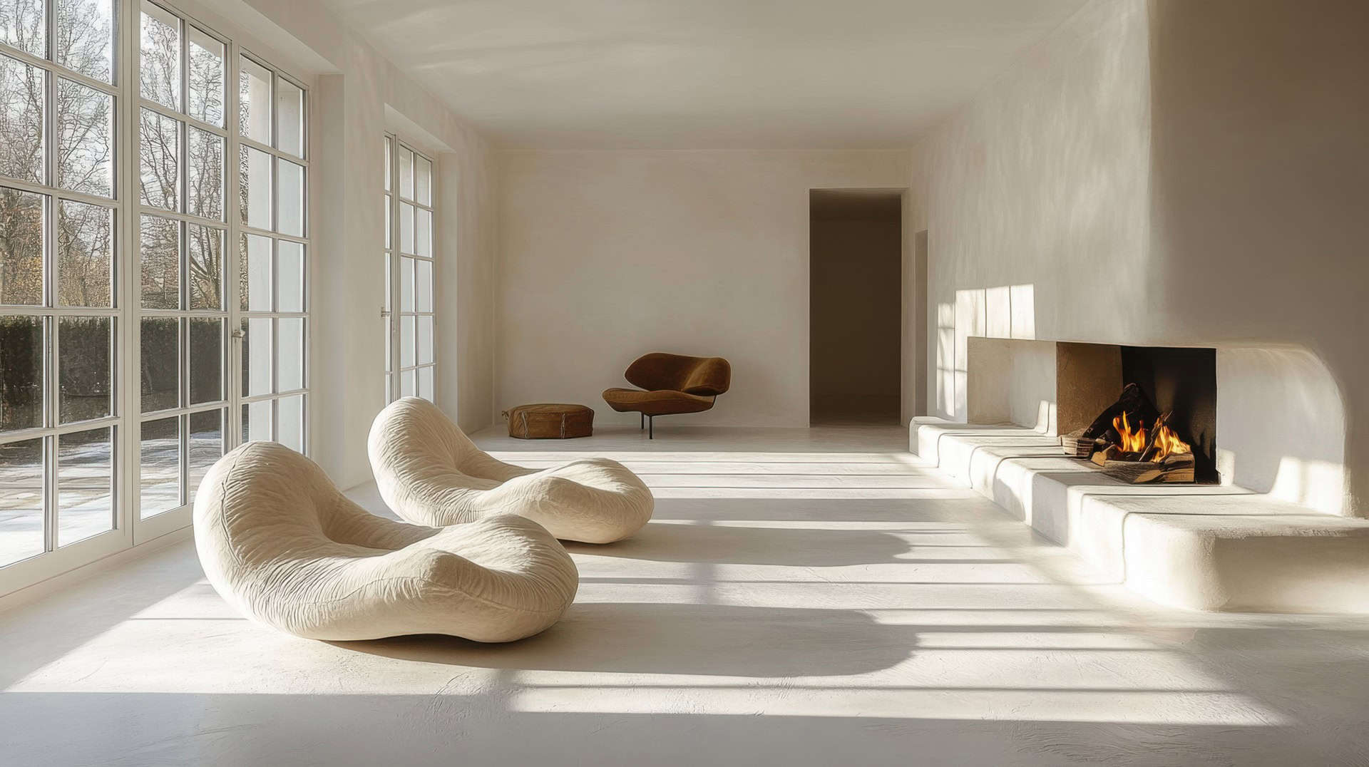 Modern minimalist living room with unique seating and fireplace